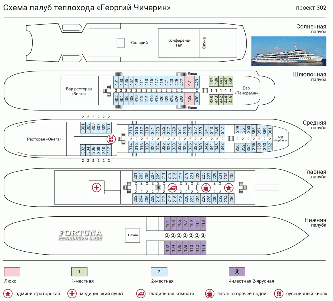 Круизы по России. Теплоход Г. Чичерин, схема палуб