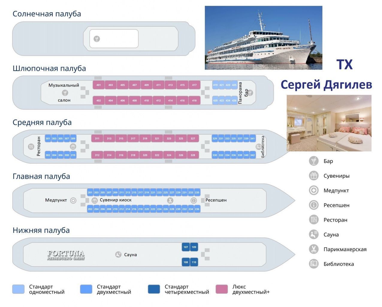 Теплоход Сергей Дягилев. Схема палуб, план кают