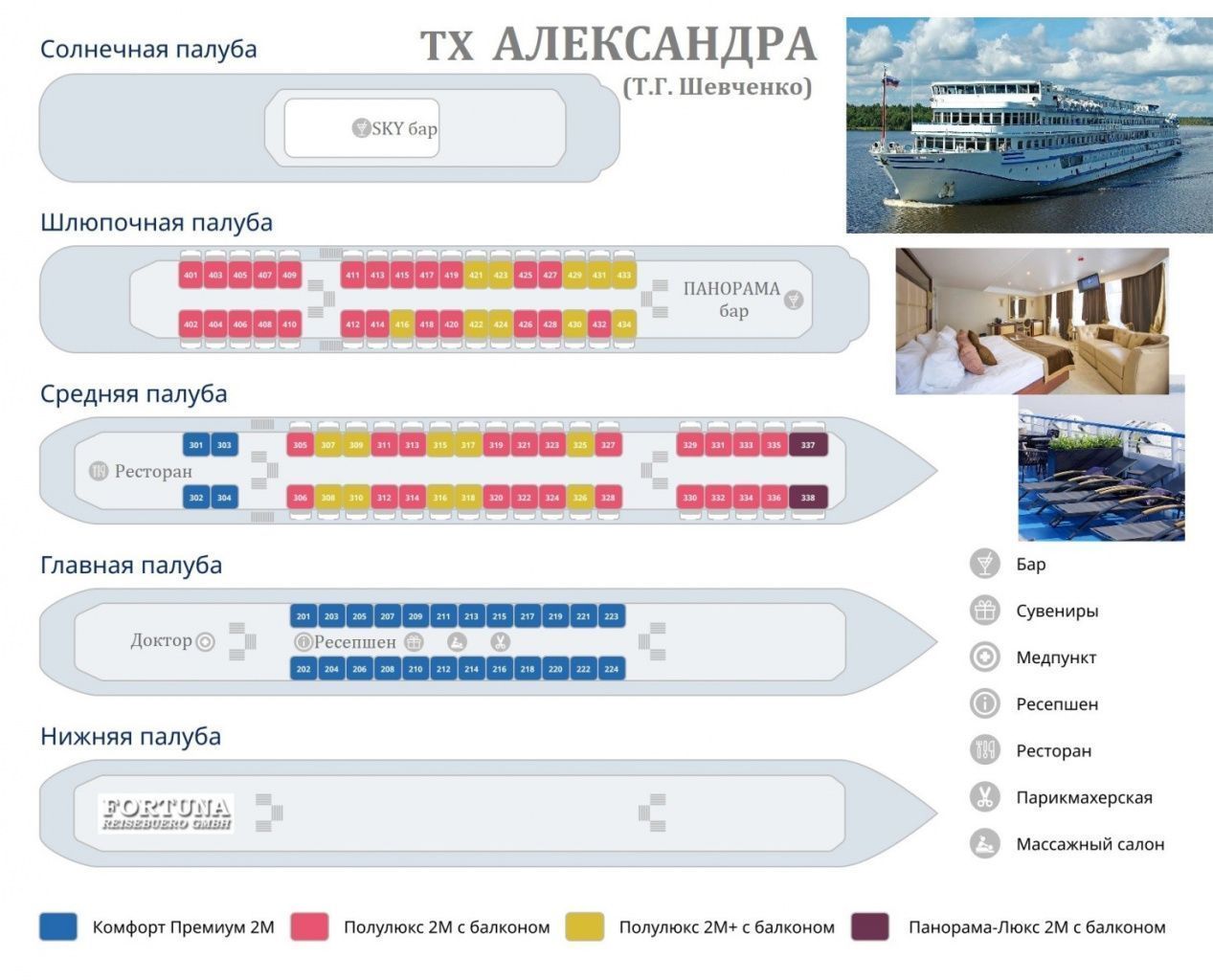 Теплоход Александра. Схема палуб и план кают
